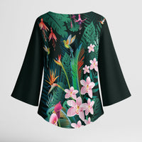 Hawaii Hummingbird Tropical Flowers Kimono Sleeve Blouse Dark Green LT01 - Polynesian Pride