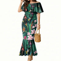 Hawaii Hummingbird Tropical Flowers Mermaid Dress Dark Green LT01 Women Green - Polynesian Pride