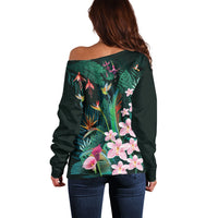 Hawaii Hummingbird Tropical Flowers Off Shoulder Sweater Dark Green LT01 - Polynesian Pride