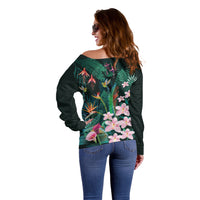 Hawaii Hummingbird Tropical Flowers Off Shoulder Sweater Dark Green LT01 - Polynesian Pride