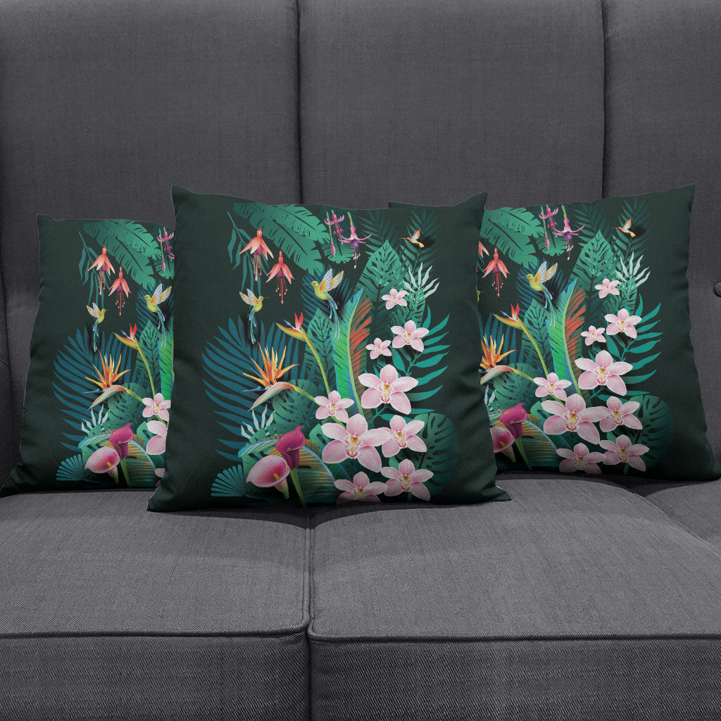 Hawaii Hummingbird Tropical Flowers Pillow Cover Dark Green LT01 - Polynesian Pride