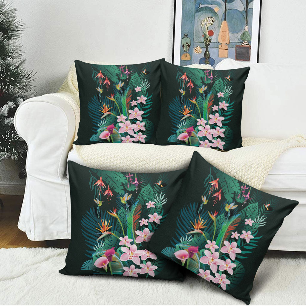 Hawaii Hummingbird Tropical Flowers Pillow Cover Dark Green LT01 - Polynesian Pride