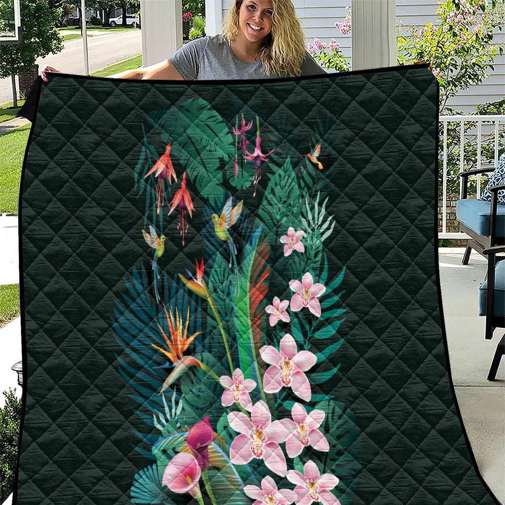 Hawaii Hummingbird Tropical Flowers Quilt Dark Green LT01 Green - Polynesian Pride