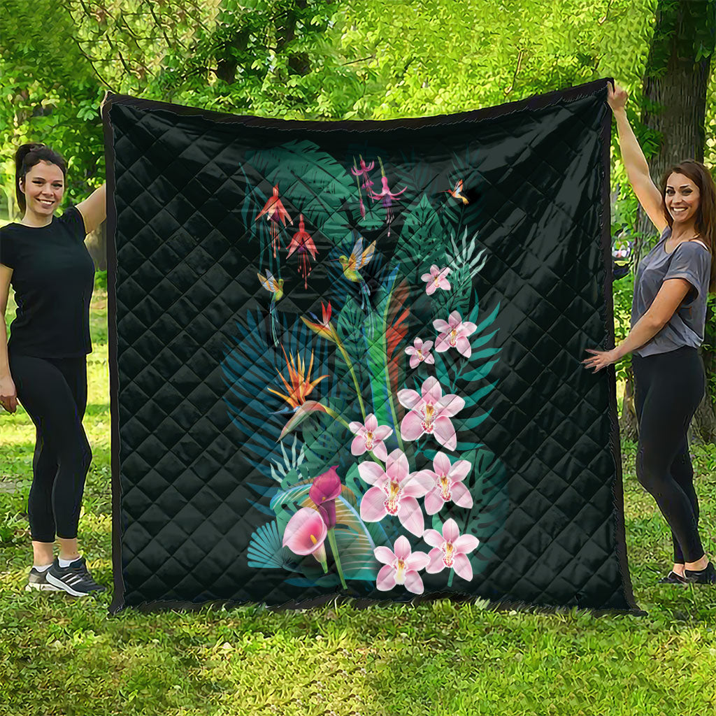 Hawaii Hummingbird Tropical Flowers Quilt Dark Green LT01 - Polynesian Pride