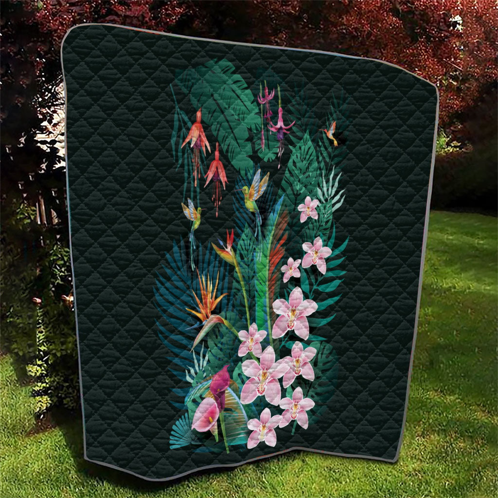 Hawaii Hummingbird Tropical Flowers Quilt Dark Green LT01 - Polynesian Pride