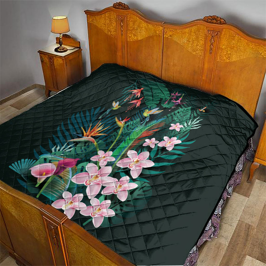 Hawaii Hummingbird Tropical Flowers Quilt Dark Green LT01 - Polynesian Pride
