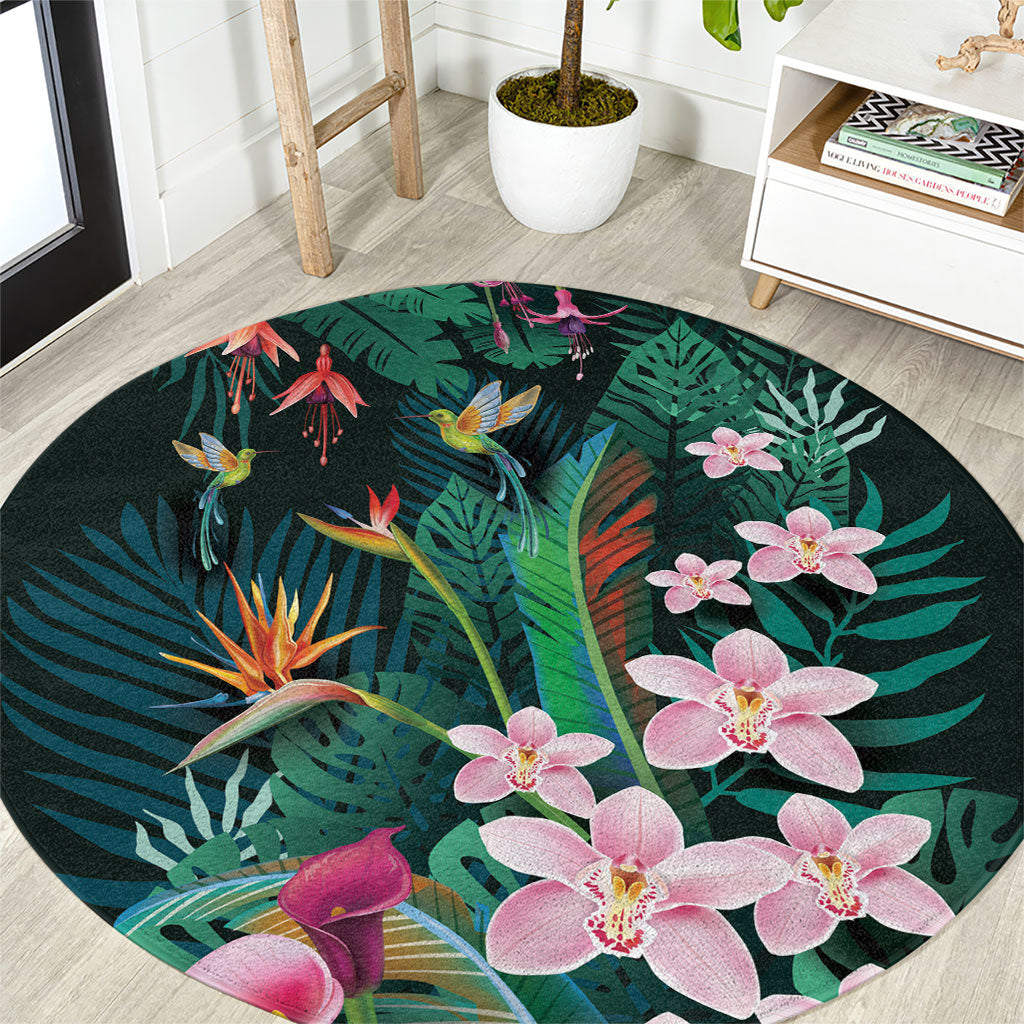 Hawaii Hummingbird Tropical Flowers Round Carpet Dark Green LT01 Green - Polynesian Pride