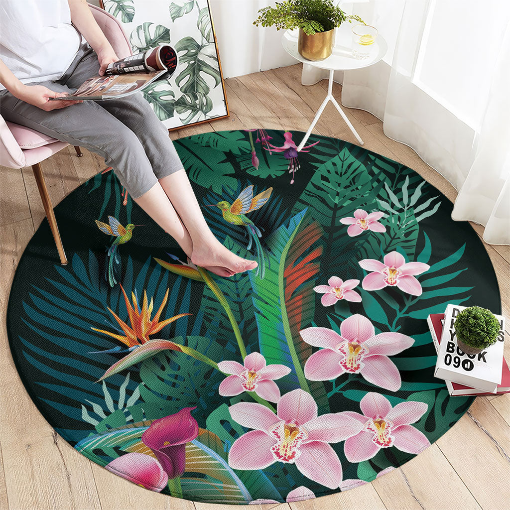 Hawaii Hummingbird Tropical Flowers Round Carpet Dark Green LT01 - Polynesian Pride