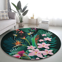 Hawaii Hummingbird Tropical Flowers Round Carpet Dark Green LT01 - Polynesian Pride