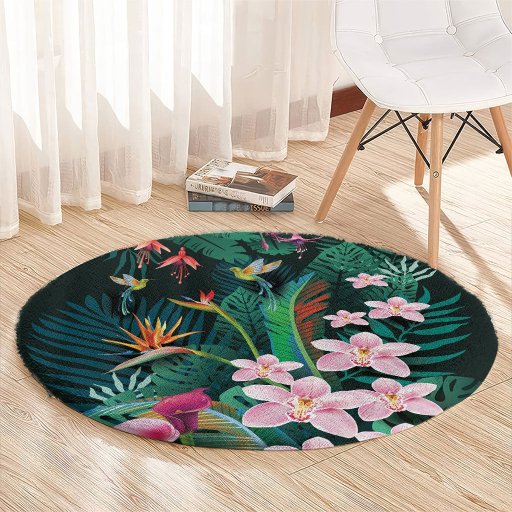 Hawaii Hummingbird Tropical Flowers Round Carpet Dark Green LT01 - Polynesian Pride