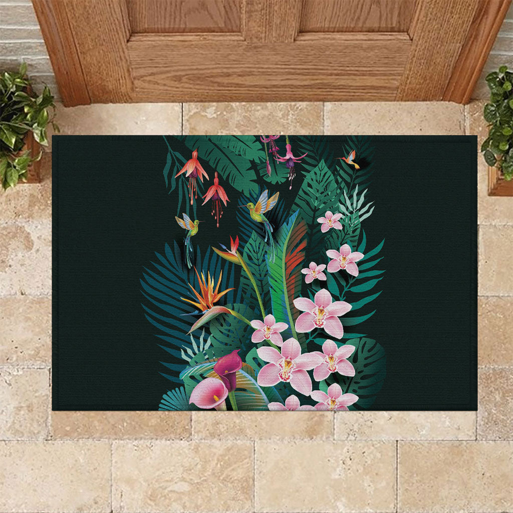 Hawaii Hummingbird Tropical Flowers Rubber Doormat Dark Green LT01 Green - Polynesian Pride