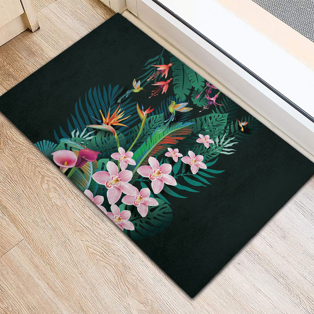 Hawaii Hummingbird Tropical Flowers Rubber Doormat Dark Green LT01 - Polynesian Pride