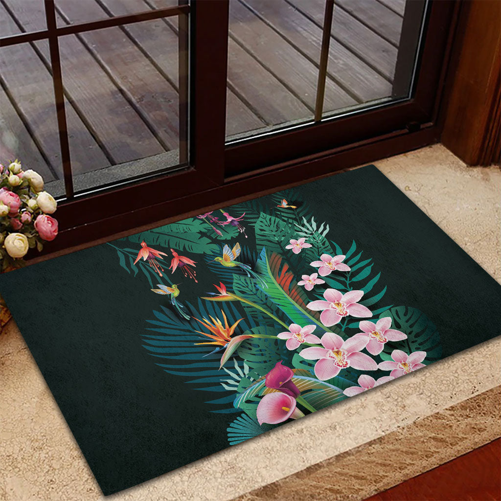 Hawaii Hummingbird Tropical Flowers Rubber Doormat Dark Green LT01 - Polynesian Pride