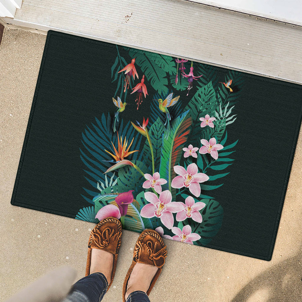 Hawaii Hummingbird Tropical Flowers Rubber Doormat Dark Green LT01 - Polynesian Pride