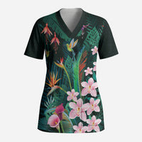 Hawaii Hummingbird Tropical Flowers Scrub Top Dark Green LT01 Adult Green - Polynesian Pride