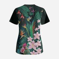 Hawaii Hummingbird Tropical Flowers Scrub Top Dark Green LT01 - Polynesian Pride