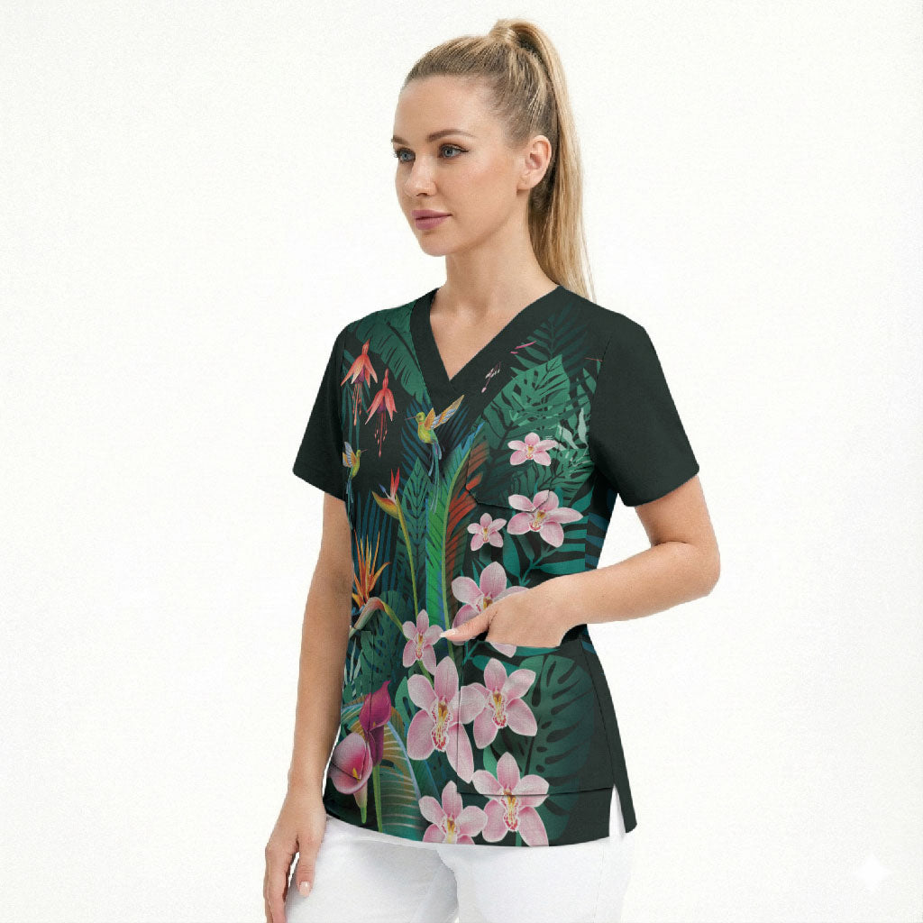Hawaii Hummingbird Tropical Flowers Scrub Top Dark Green LT01 - Polynesian Pride
