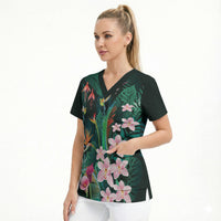 Hawaii Hummingbird Tropical Flowers Scrub Top Dark Green LT01 - Polynesian Pride