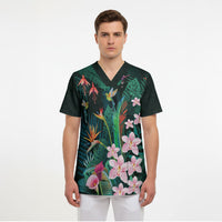 Hawaii Hummingbird Tropical Flowers Scrub Top Dark Green LT01 - Polynesian Pride