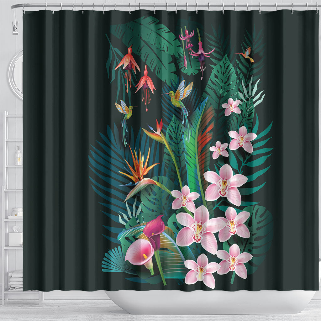 Hawaii Hummingbird Tropical Flowers Shower Curtain Dark Green LT01 - Polynesian Pride
