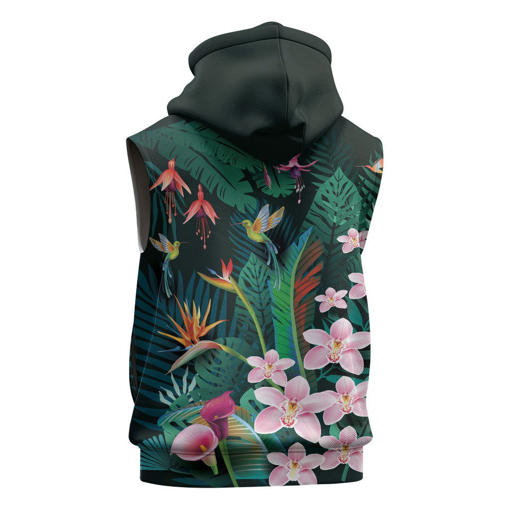 Hawaii Hummingbird Tropical Flowers Sleeveless Hoodie Dark Green LT01 - Polynesian Pride