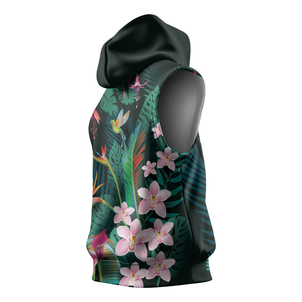 Hawaii Hummingbird Tropical Flowers Sleeveless Hoodie Dark Green LT01 - Polynesian Pride