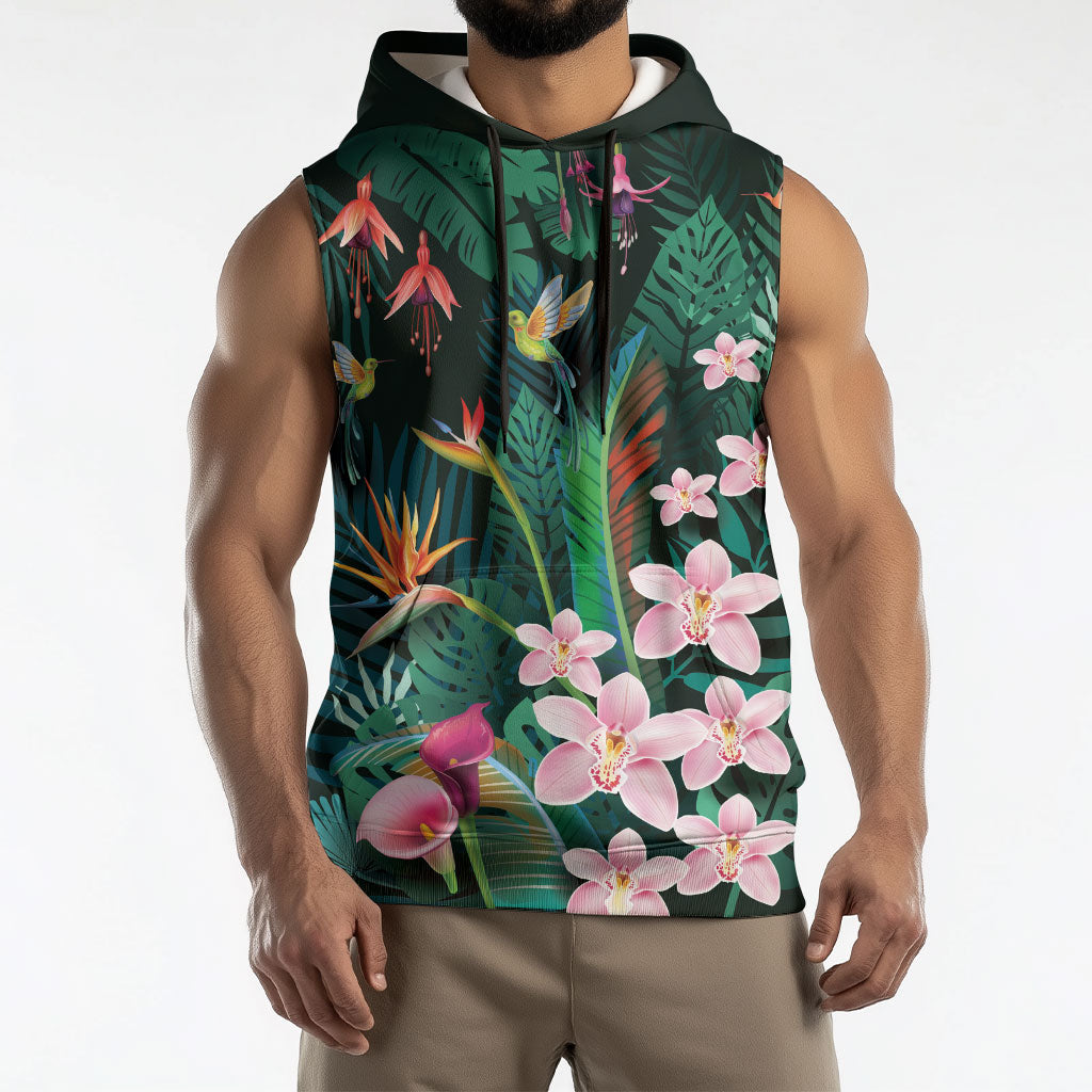 Hawaii Hummingbird Tropical Flowers Sleeveless Hoodie Dark Green LT01 - Polynesian Pride