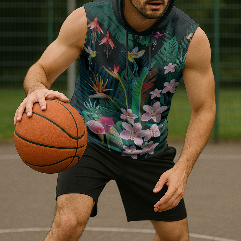 Hawaii Hummingbird Tropical Flowers Sleeveless Hoodie Dark Green LT01 - Polynesian Pride