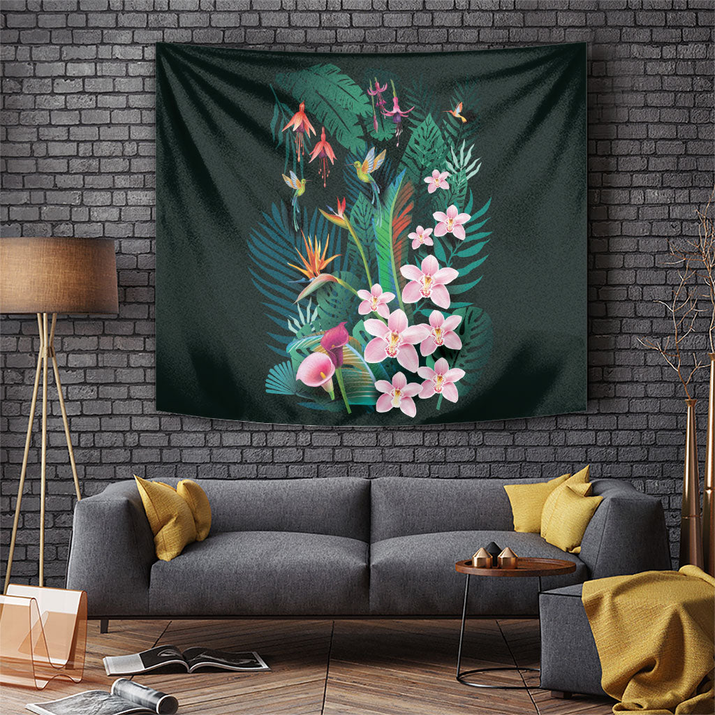 Hawaii Hummingbird Tropical Flowers Tapestry Dark Green LT01 Green - Polynesian Pride
