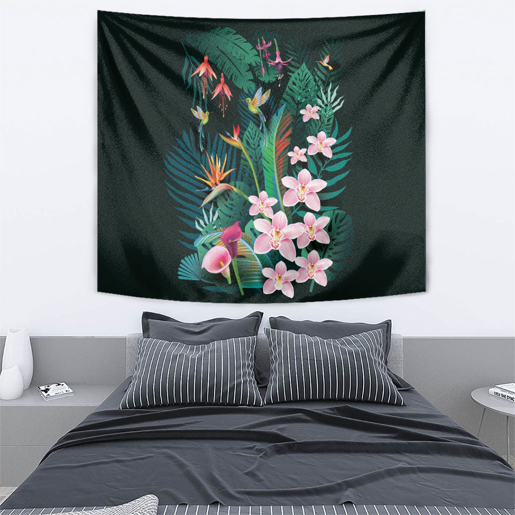 Hawaii Hummingbird Tropical Flowers Tapestry Dark Green LT01 - Polynesian Pride