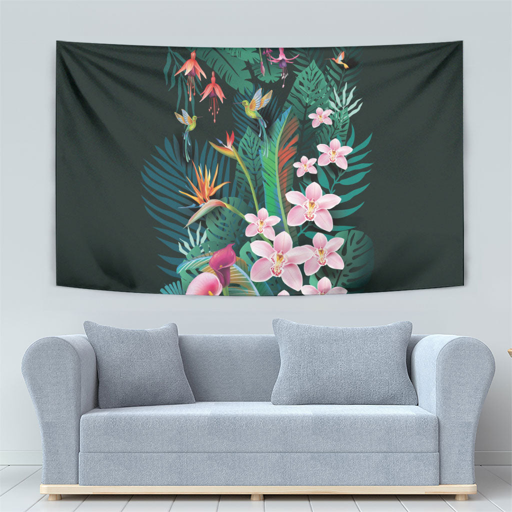 Hawaii Hummingbird Tropical Flowers Tapestry Dark Green LT01 - Polynesian Pride