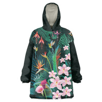 Hawaii Hummingbird Tropical Flowers Wearable Blanket Hoodie Dark Green LT01 One Size Green - Polynesian Pride