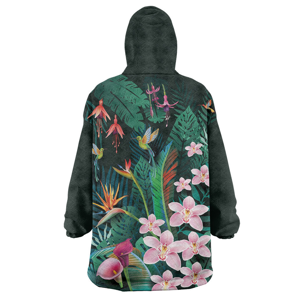 Hawaii Hummingbird Tropical Flowers Wearable Blanket Hoodie Dark Green LT01 - Polynesian Pride