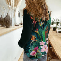 Hawaii Hummingbird Tropical Flowers Women Casual Shirt Dark Green LT01 - Polynesian Pride