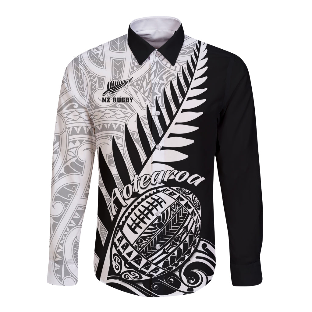 New Zealand Silver Fern Rugby Long Sleeve Button Shirt Aotearoa Maori Black Version LT01 Unisex Black - Polynesian Pride