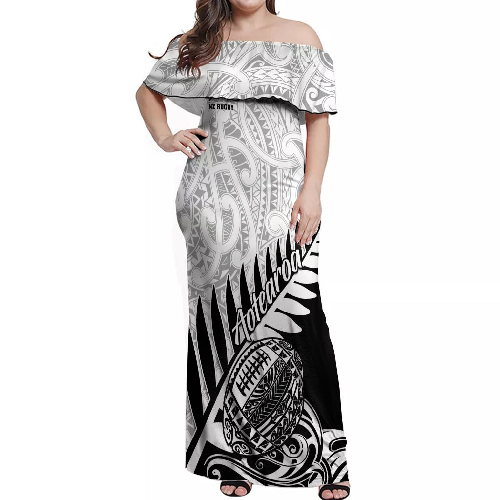 New Zealand Silver Fern Rugby Off Shoulder Maxi Dress Aotearoa Maori Black Version LT01 Women Black - Polynesian Pride