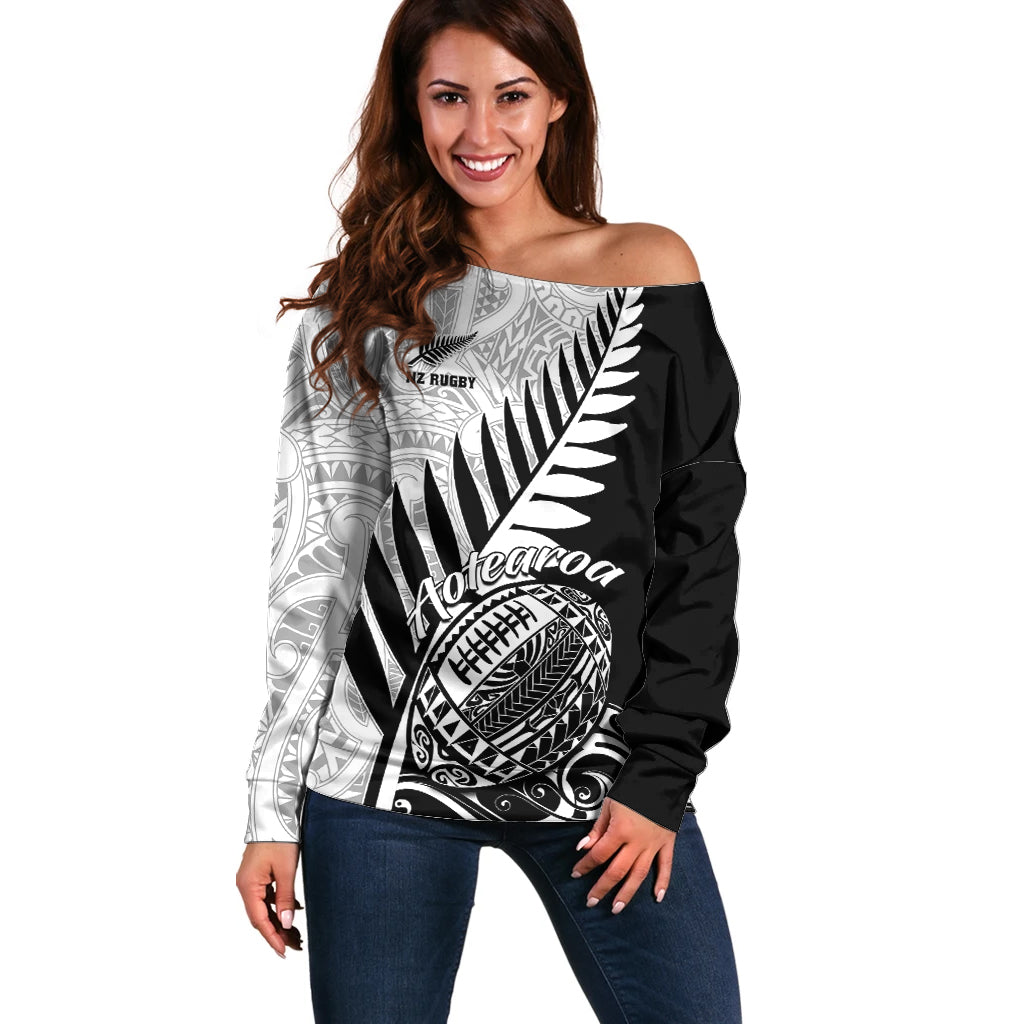 New Zealand Silver Fern Rugby Off Shoulder Sweater Aotearoa Maori Black Version LT01 Women Black - Polynesian Pride