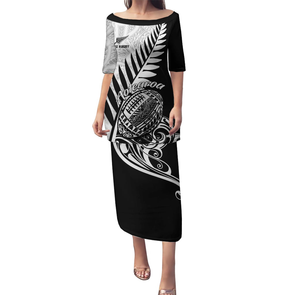 New Zealand Silver Fern Rugby Puletasi Aotearoa Maori Black Version LT01 Long Dress Black - Polynesian Pride