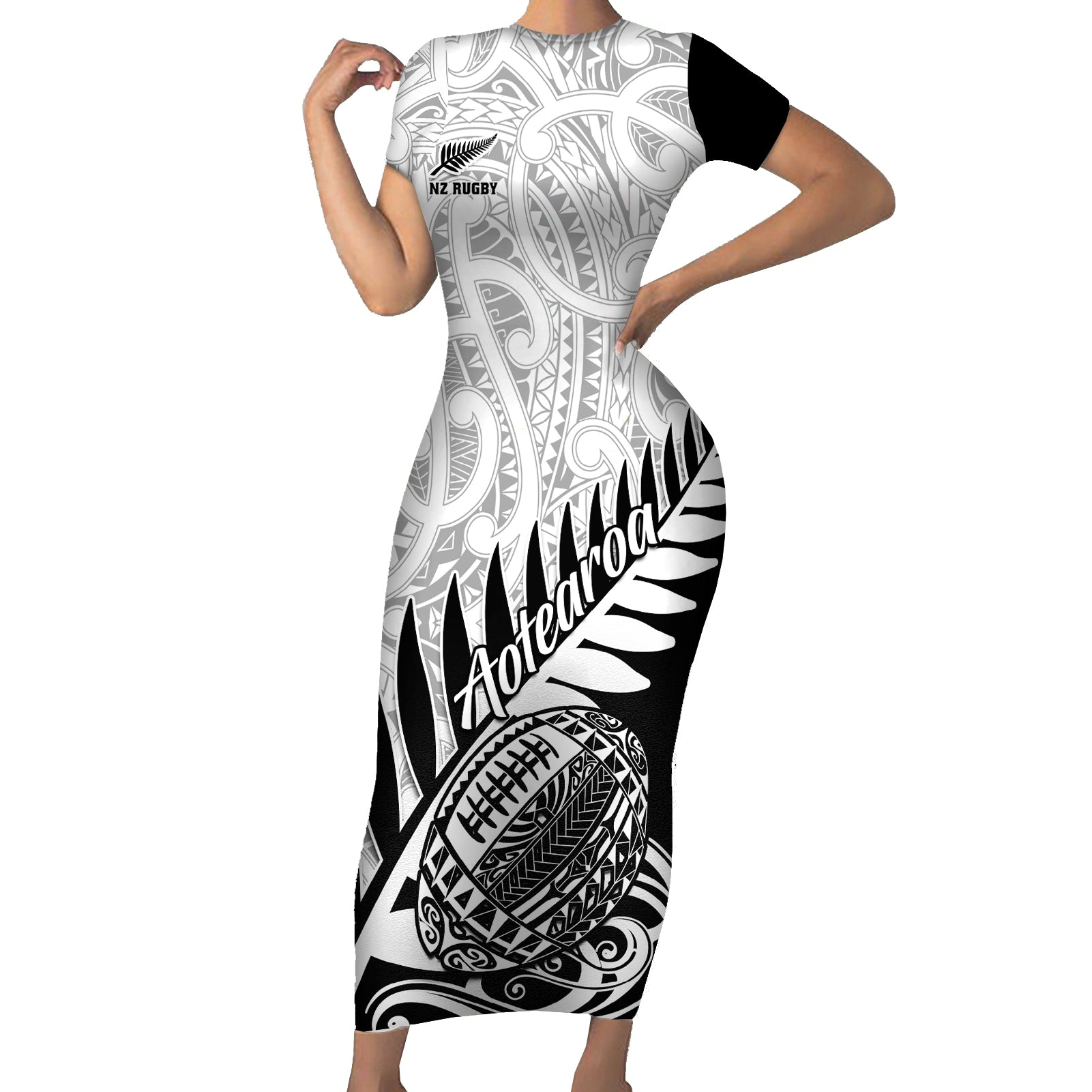 Custom New Zealand Silver Fern Rugby Short Sleeve Bodycon Dress Aotearoa Maori Black Version LT01 Long Dress Black - Polynesian Pride