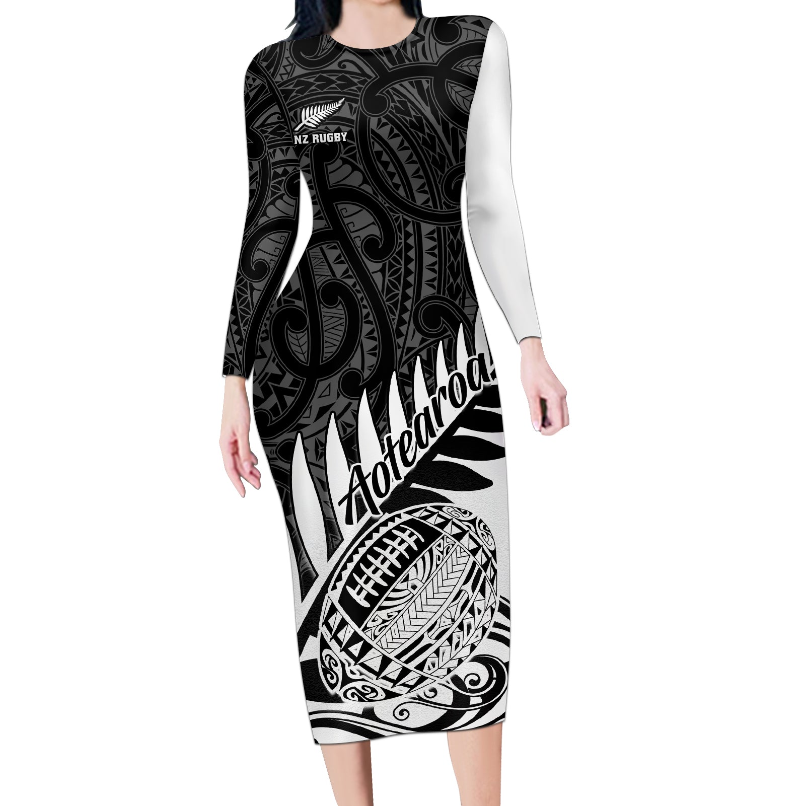 New Zealand Silver Fern Rugby Long Sleeve Bodycon Dress Aotearoa Maori White Version LT01 Long Dress White - Polynesian Pride