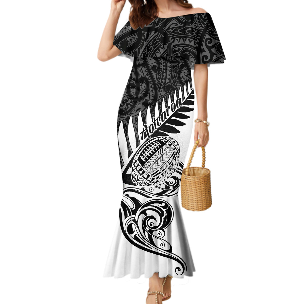 New Zealand Silver Fern Rugby Mermaid Dress Aotearoa Maori White Version LT01 Women White - Polynesian Pride