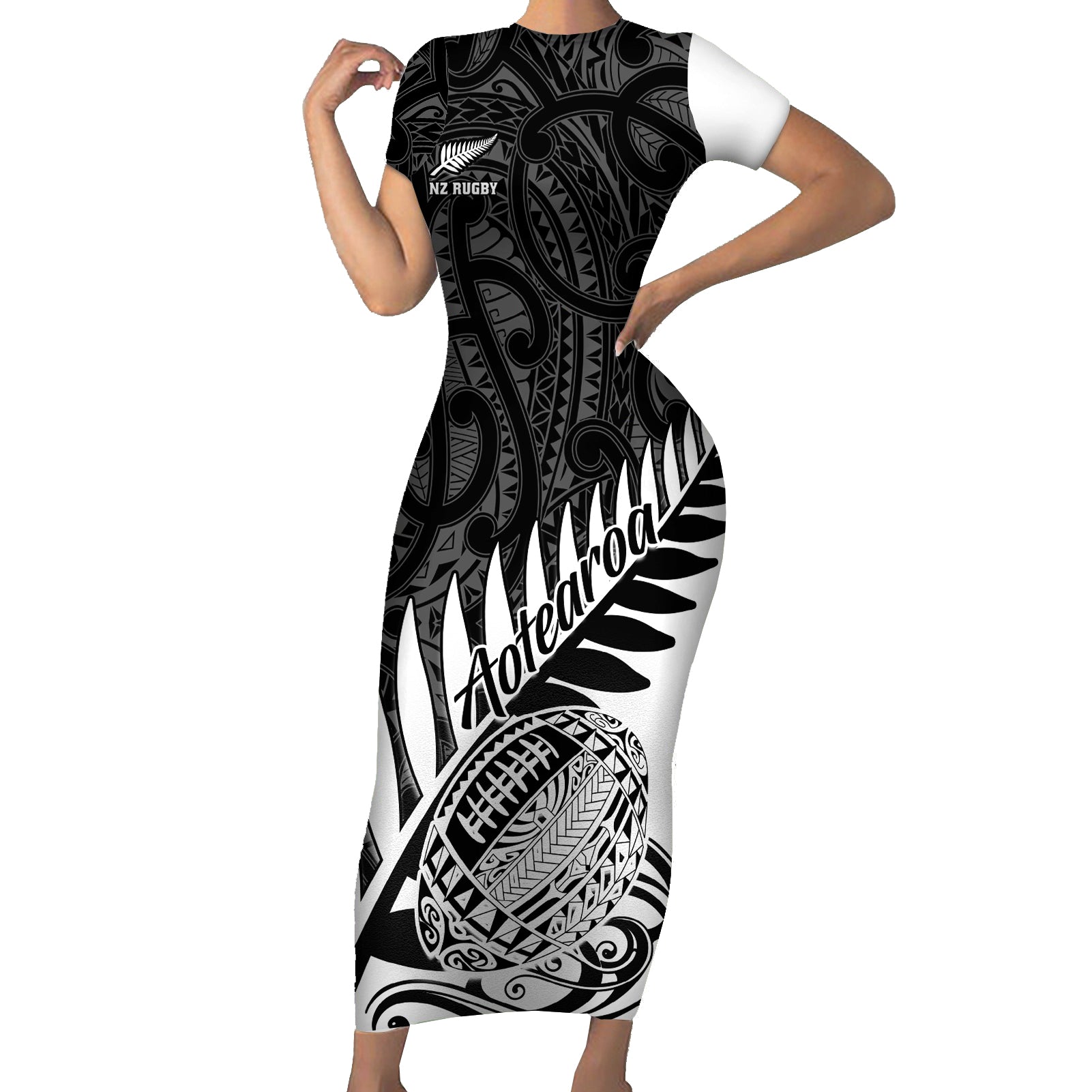 Custom New Zealand Silver Fern Rugby Short Sleeve Bodycon Dress Aotearoa Maori White Version LT01 Long Dress White - Polynesian Pride