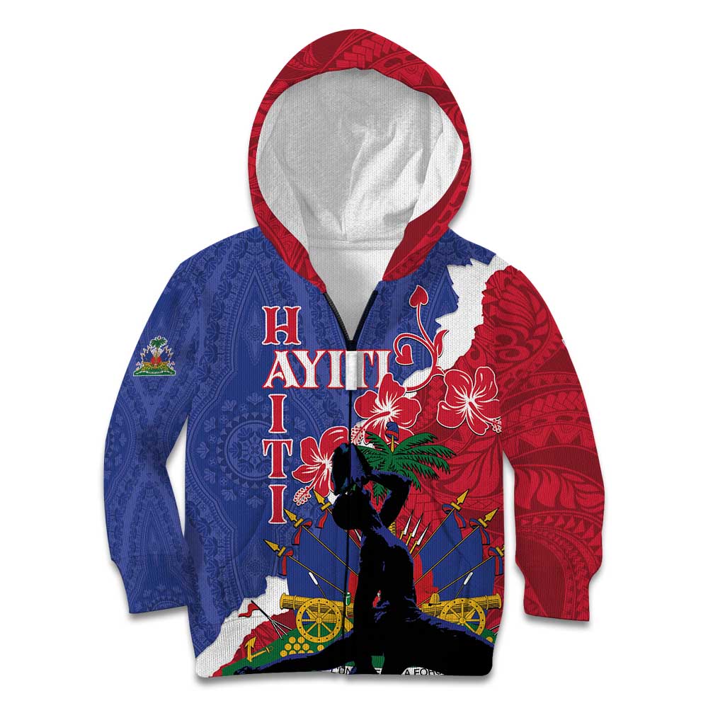 Personalised Haiti Le Marron Inconnu Kid Hoodie Dashiki Mix Polynesian Pattern LT01 Zip Hoodie Blue - Polynesian Pride