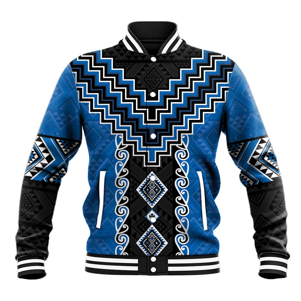 Blue Niho Taniwha Mix Poutama Baseball Jacket Unique Taniko Aotearoa LT01 Unisex Blue - Polynesian Pride