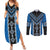 Blue Niho Taniwha Mix Poutama Couples Matching Summer Maxi Dress and Long Sleeve Button Shirt Unique Taniko Aotearoa