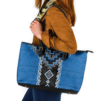 Blue Niho Taniwha Mix Poutama Leather Tote Bag Unique Taniko Aotearoa LT01 Blue - Polynesian Pride