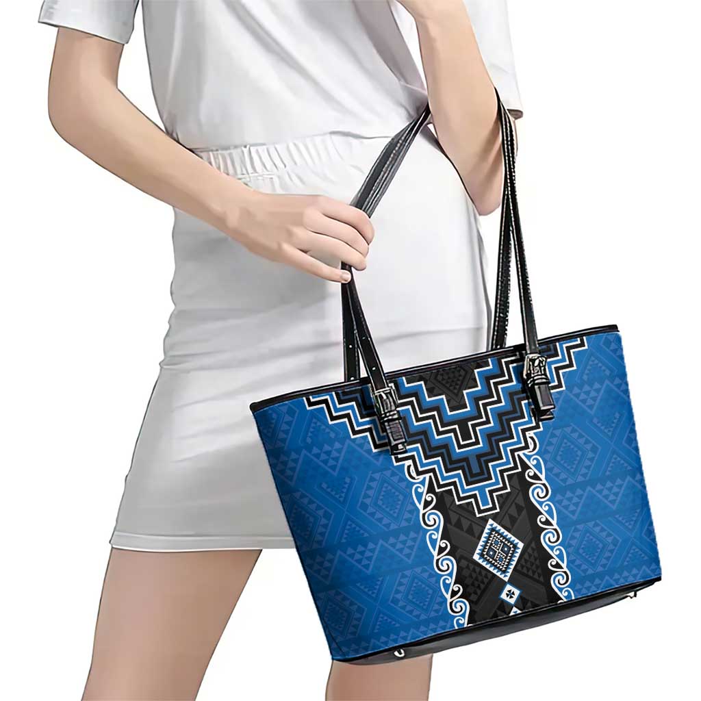 Blue Niho Taniwha Mix Poutama Leather Tote Bag Unique Taniko Aotearoa LT01 - Polynesian Pride