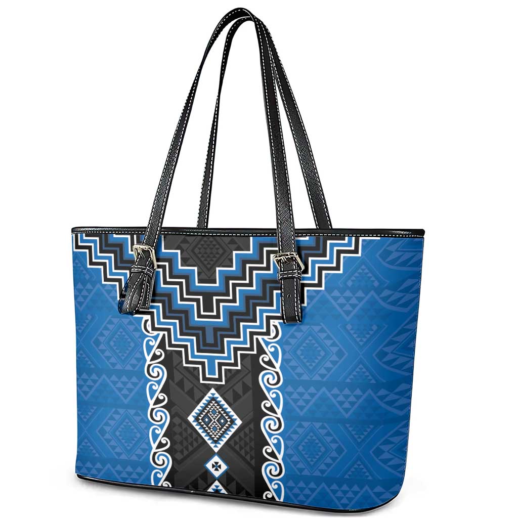 Blue Niho Taniwha Mix Poutama Leather Tote Bag Unique Taniko Aotearoa LT01 - Polynesian Pride