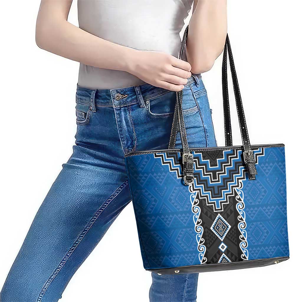 Blue Niho Taniwha Mix Poutama Leather Tote Bag Unique Taniko Aotearoa LT01 - Polynesian Pride
