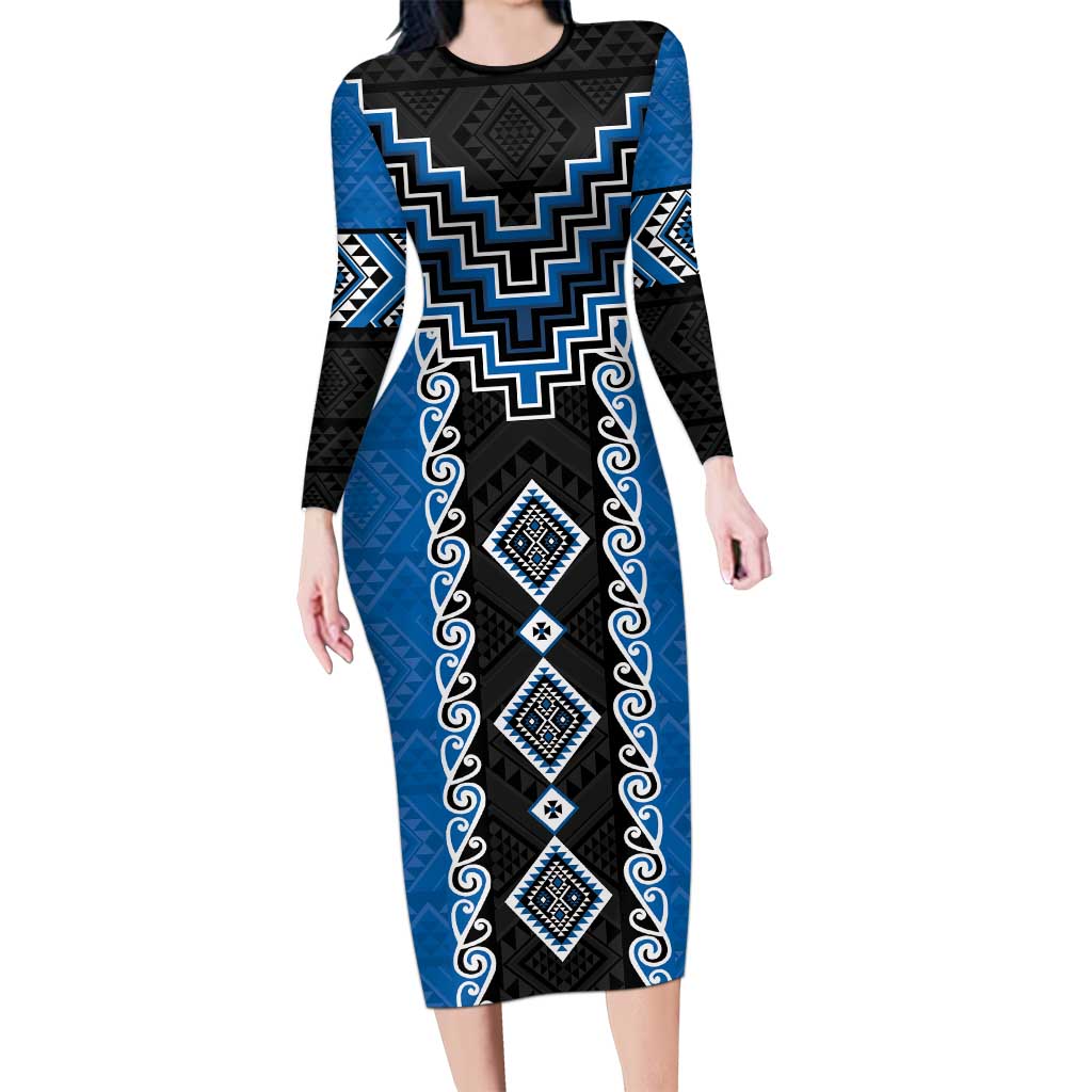 Blue Niho Taniwha Mix Poutama Long Sleeve Bodycon Dress Unique Taniko Aotearoa LT01 Long Dress Blue - Polynesian Pride